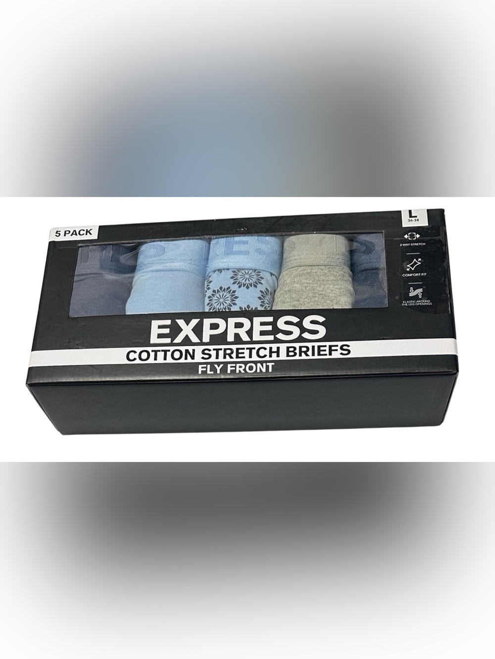 Express 5 Men's Cotton Stretch Fly Front Briefs Large (36-38) Blue/Gray